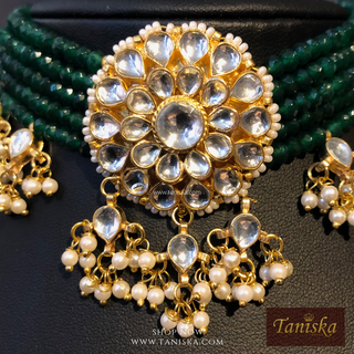 ANAYAT Dark Bottle Green Pachi Kundan Necklace Set - Necklace Set