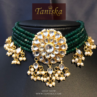 ANAYAT Dark Bottle Green Pachi Kundan Necklace Set - Necklace Set