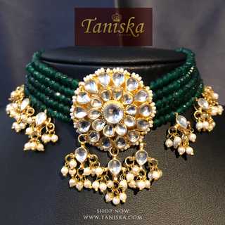 ANAYAT Dark Bottle Green Pachi Kundan Necklace Set - Necklace Set