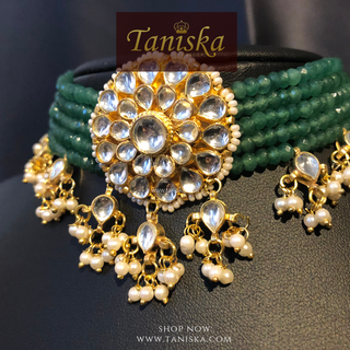 ANAYAT Emerald Green Pachi Kundan Necklace Set - Necklace Set