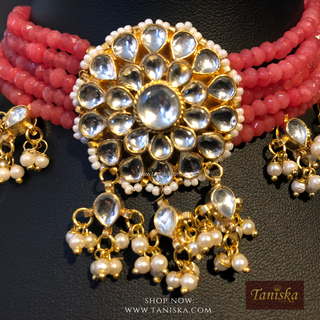 ANAYAT Rose Pink Pachi Kundan Necklace Set - Necklace Set