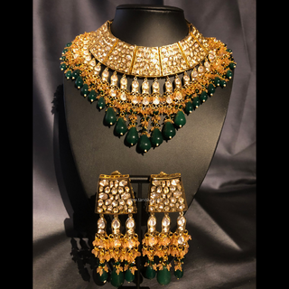 HEER Designer Bottle Green/Orange Kundan Necklace Set - Necklace Set