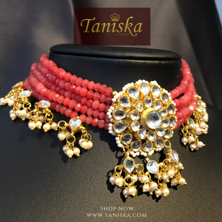 ANAYAT Rose Pink Pachi Kundan Necklace Set - Necklace Set