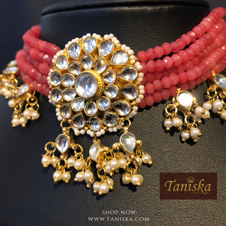 ANAYAT Rose Pink Pachi Kundan Necklace Set - Necklace Set