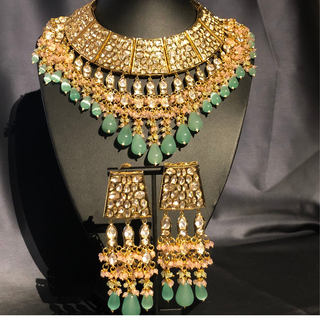 HEER Designer Mint/Baby Pink Kundan Necklace Set - Necklace Set