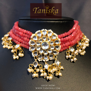 ANAYAT Rose Pink Pachi Kundan Necklace Set - Necklace Set