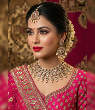 Pearly Antique Gold Necklace Set (Necklace, Earrings, Tikka) - Golden / Hot Pink