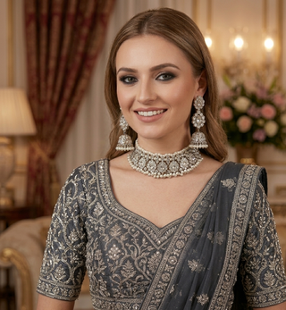 Pearly Antique Silver Necklace Set (Necklace, Earrings, Tikka) - Silver