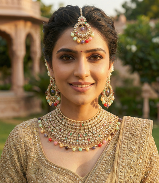 Pearly Antique Gold Necklace Set (Necklace, Earrings, Tikka) - Golden / Multi