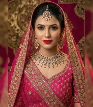 Pearly Antique Gold Necklace Set (Necklace, Earrings, Tikka) - Golden / Hot Pink