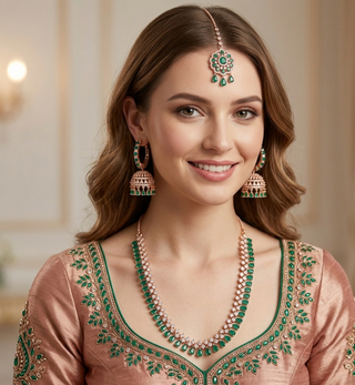 American Diamond Style Necklace Set - Rose Gold/Emerald Green