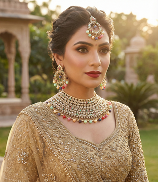 Pearly Antique Gold Necklace Set (Necklace, Earrings, Tikka) - Golden / Multi