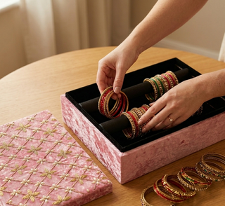Luxurious Pink Velvet Bangle Box – 2-Rod Sequential Jewellery Organiser with Hand Embroidery