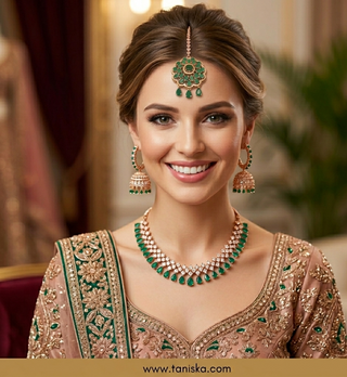 American Diamond Style Necklace Set - Rose Gold/Emerald Green