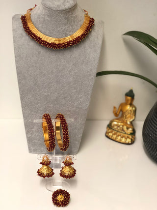 RANG-DE Pearl Necklace Set (Necklace Earrings) - Maroon - Necklace Set