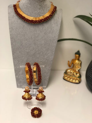RANG-DE Pearl Necklace Set (Necklace Earrings) - Maroon - Necklace Set