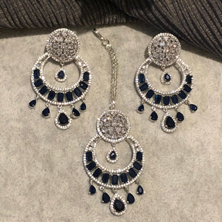 American Diamond Style Earring & Tikka Set - Navy / Silver