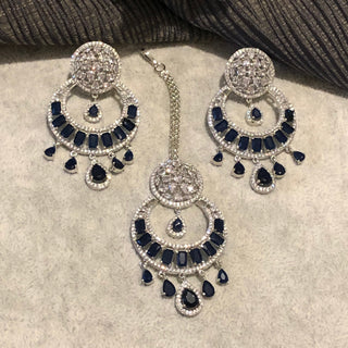 American Diamond Style Earring & Tikka Set - Navy / Silver