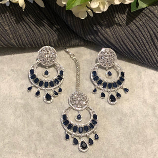 American Diamond Style Earring & Tikka Set - Navy / Silver