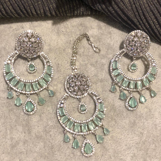 American Diamond Style Earring & Tikka Set - Mint / Silver