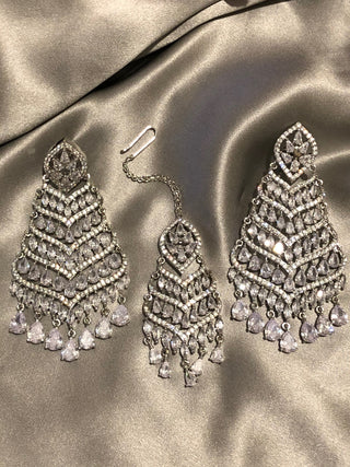 American Diamond Style Earring & Tikka Set - Silver
