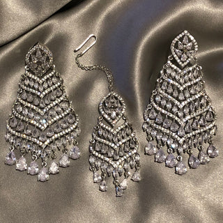 American Diamond Style Earring & Tikka Set - Silver