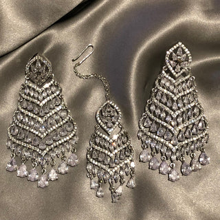 American Diamond Style Earring & Tikka Set - Silver