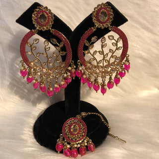 ALIA Designer Earring & Tikka Set - Hot Pink