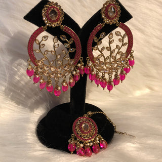ALIA Designer Earring & Tikka Set - Hot Pink