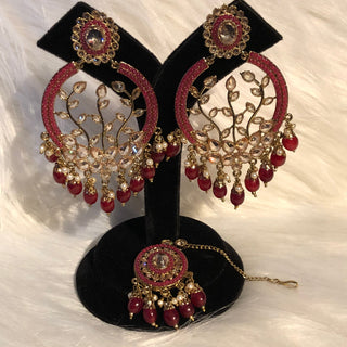 ALIA Designer Earring & Tikka Set - Maroon