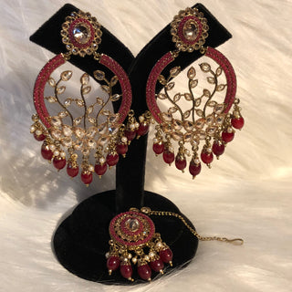 ALIA Designer Earring & Tikka Set - Maroon