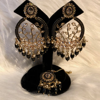 ALIA Designer Earring & Tikka Set - Midnight Black