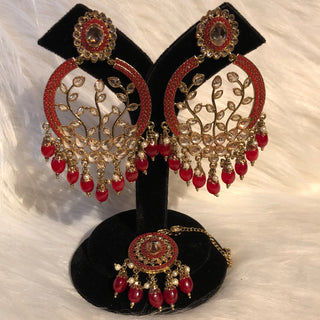 ALIA Designer Earring & Tikka Set - Ruby Red
