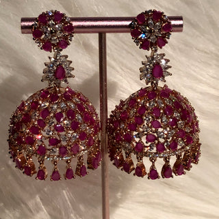 American Diamond Style Earring & Tikka Set - Hot Pink / Rose Gold