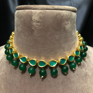 ROYAL Kundan Necklace Set - Emerald Green (with Meenakari) - Necklace Set