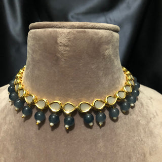 ROYAL Kundan Necklace Set - Charcoal Grey (with Meenakari) - Necklace Set