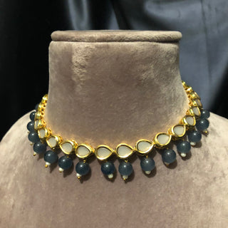 ROYAL Kundan Necklace Set - Charcoal Grey (with Meenakari) - Necklace Set