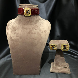 GLASS Choker Necklace Set - Maroon - Necklace Set