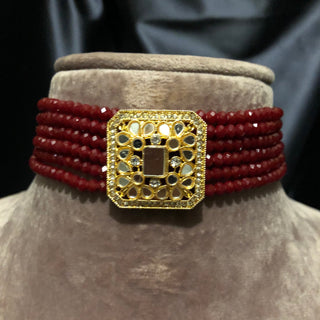 GLASS Choker Necklace Set - Maroon - Necklace Set