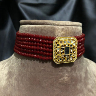 GLASS Choker Necklace Set - Maroon - Necklace Set