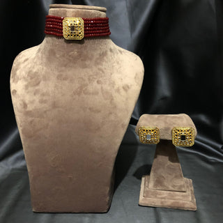 GLASS Choker Necklace Set - Maroon - Necklace Set