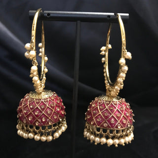 Antique Gold Earrings (Jhumkis) - Ruby