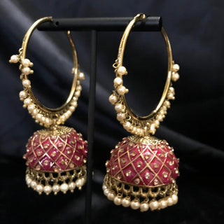 Antique Gold Earrings (Jhumkis) - Ruby