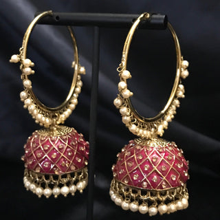 Antique Gold Earrings (Jhumkis) - Ruby