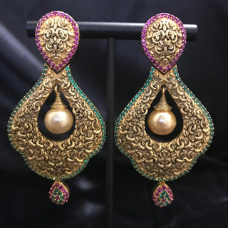 Antique Golden Earrings & Tikka - Golden Hot Pink Mint Tones