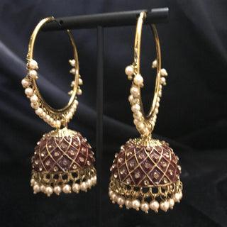Antique Gold Earrings (Jhumkis) - Maroon