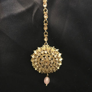MEHAR Antique Gold Earrings & Tikka - Baby Pink