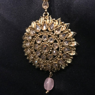 MEHAR Antique Gold Earrings & Tikka - Baby Pink