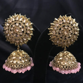 MEHAR Antique Gold Earrings & Tikka - Baby Pink