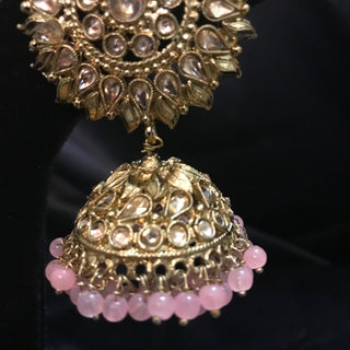 MEHAR Antique Gold Earrings & Tikka - Baby Pink